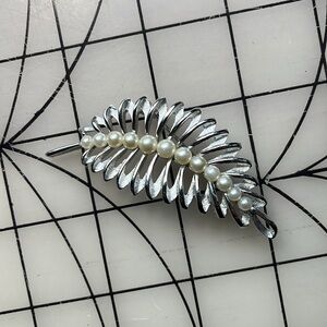 Trifari pearl and silver leaf brooch